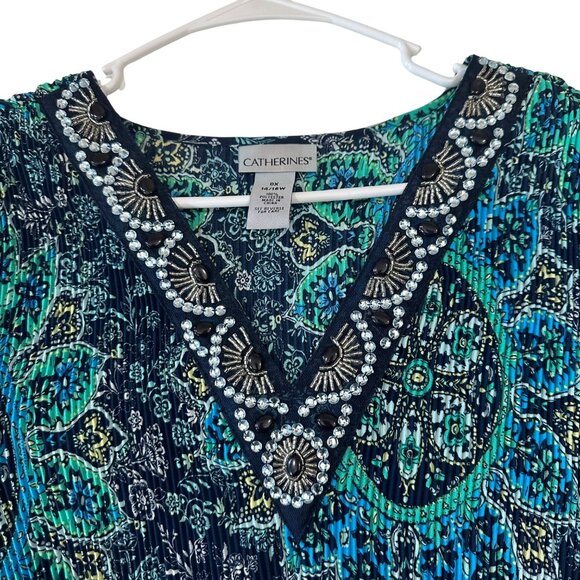 CATHERINES Women SZ 0X(14/16W) Accordion Pleat Tunic Top Bell Sleeve Embellished - Picture 6 of 12